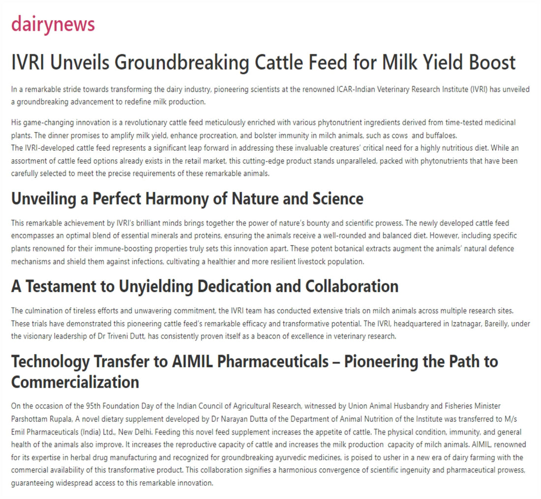IVRI Unveils Groundbreaking Cattle Feed for Milk Yield Boost