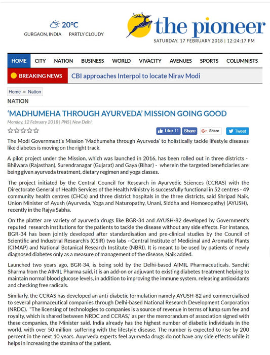 ‘Madhumeha Through Ayurveda’- The Pioneer