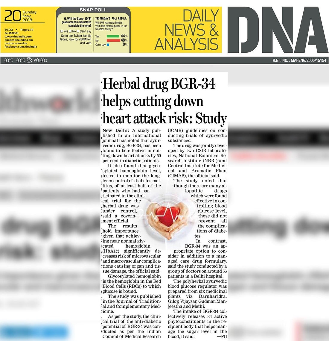 Herbal drug BGR-34 helps cutting down heart attack risk- DNA